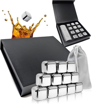 Камені для віскі Com-Four® з нержавіючої сталі - подарунчий набір (12 шт.) з мішечком та коробкою