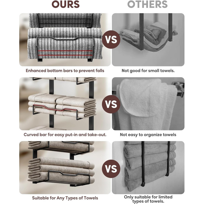 Настінний тримач для рушників у ванну кімнату, без свердління, 6-ступенева наддверна полиця для рушників, багаторівневий органайзер для рушників на двері, чорний, великий