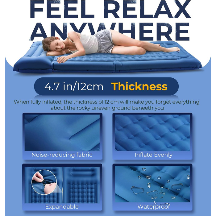 Надувний килимок Isomatte самонадувний з інтегрованими подушками для кемпінгу, подорожей, пляжу, пікніка, намету (Темно-синій, Одинарний)