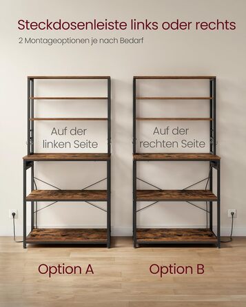 Стелаж кухонний VASAGLE з розетками, 6 полиць, гачки, сталевий каркас, 40x60x167 см, колір горіх + білий