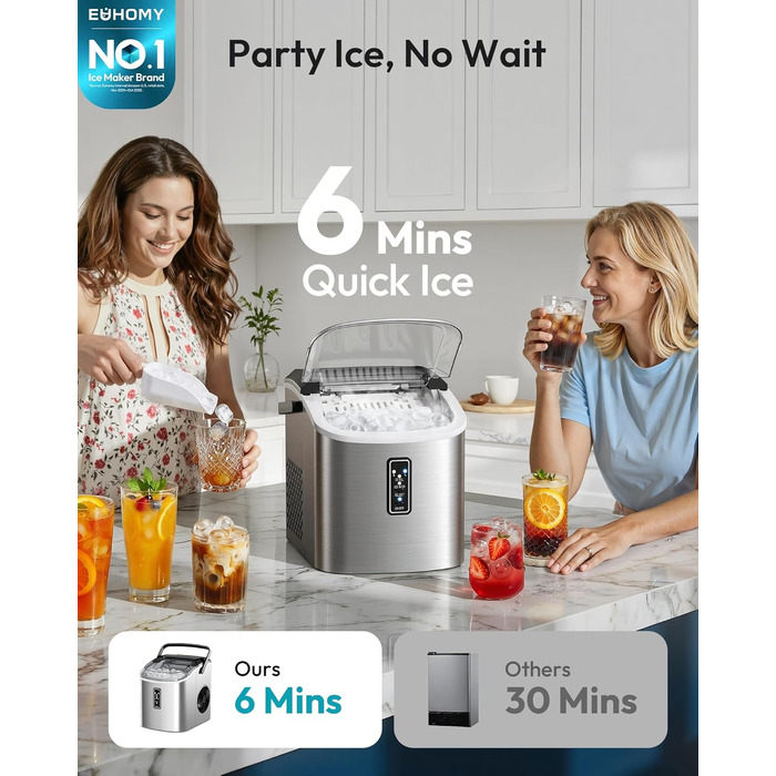 Машина для приготування льоду EUHOMY, чорна, 12 кг/день, самоочищення, 9 кубиків за 6 хвилин, 2 розміри, з ручкою, кошиком та лопаткою