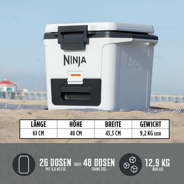 Ninja FrostVault Холодильник 28L, Преміум ізольований, зберігає лід до 6 днів, вбудована шухляда для сухого льоду, вміщує 48 банок, Cloud White FB131EUWH Білий