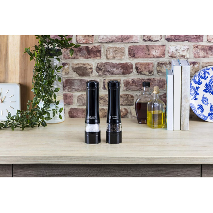 Електричні млини для солі та перцю Russell Hobbs 28010-56, керамічний механізм, чорні, набір 2 шт, для спецій і трав, регульований помел, LED підсвітка