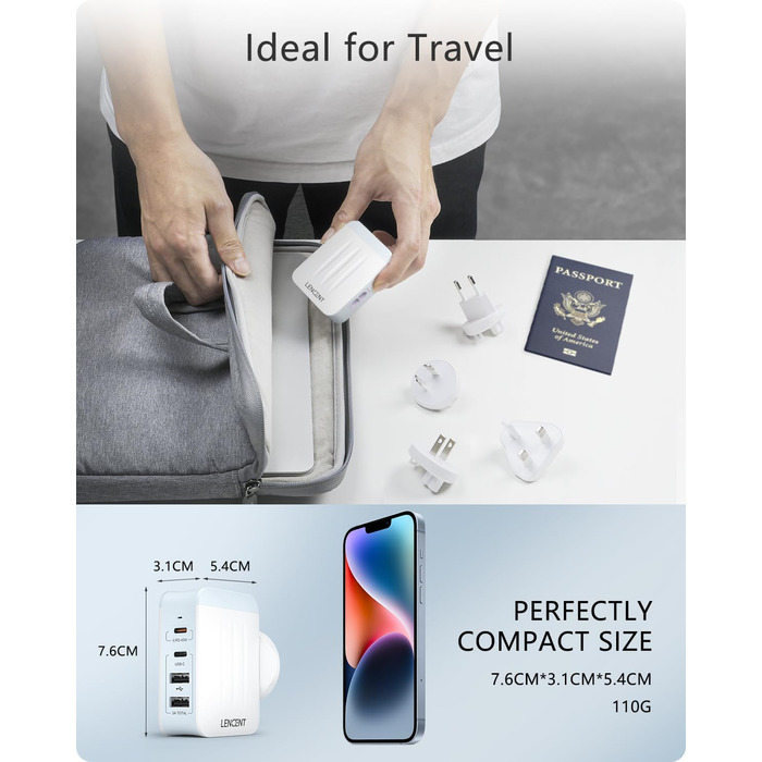 Універсальний адаптер LENCENT з USB зарядкою 45W, 4 порти (2x USB-A, 2x USB-C) - EU/US/UK/AU