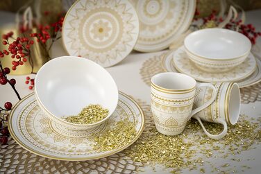 CreaTable MANDALA GOLD: Набір посуду з 16 частин, кераміка, чорний/золотий, для дому та ресторану