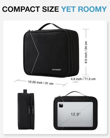 Органайзер для електроніки BAGSMART, двошаровий, для подорожей, з відділеннями для кабелів, зарядних пристроїв, iPad, планшетів до 10.5 дюймів, миші, адаптерів, SD-карт, чорний