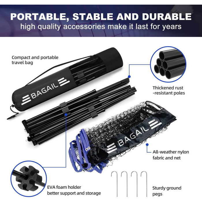 BAGAIL Adjustable Badminton Net Set with Stand & Carry Bag - Portable Tennis/Volleyball Net (4.2M)