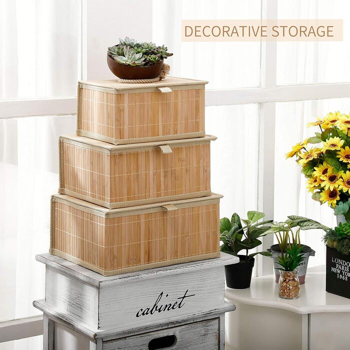 Honeycomb Storage Basket with Lid, Woven - Bamboo Decor Storage Boxes, Set of 3 Rattan Basket with Lid, Woven Fabric Insert for Bathroom, Kitchen, Shelf Organization (Large/Medium/Small)