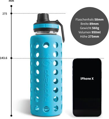 Glass Drinking Bottle with Silicone Sleeve – 100% Leak-Proof, BPA-Free, Dishwasher Safe, 2 Replaceable Lids – Ideal for Office, Fitness, Yoga, Sports & Outdoor – 950 ml (Coral Blue 2.0)