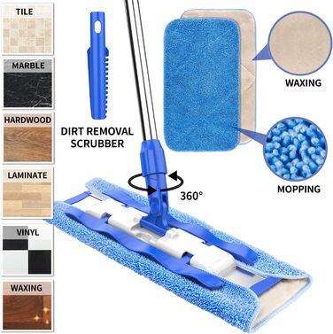 MR.SIGA Professional Microfiber Mop Floor Cleaner for Hardwood, Laminate, Tile Floors, Stainless Steel Handle, Includes 3 Reusable Microfiber Cloths and 1 Dirt Separator