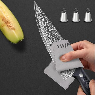 Ніж кухарський MOSFiATA Дамаск 8 дюймів - Японський ніж з дамаської сталі, кухонний ніж шеф-кухаря з чохлом, 3 захисними вкладишами та подарунковою упаковкою