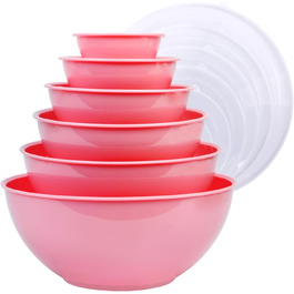 BoxedHome Mixing Bowls Set with Lids, Reusable Mixing Bowl, 12-Pack Mixing Bowl, Plastic Salad Bowl Non-Slip Stackable Serving Bowls for Kitchen (6 Bowls and 6 Lids) (Pink)
