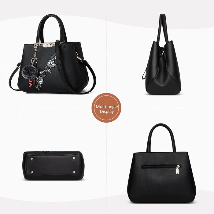 Сумка жіноча DIRRONA велика – сумка через плече та шопер з квітковою вишивкою та помпонами, чорна. Для роботи, відпочинку, подорожей, вечірок та весіль