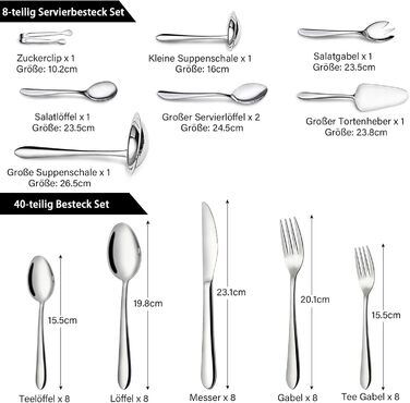 48-Piece Cutlery Set, 8 People, Stainless Steel Cutlery Set with Serving Cutlery, Dining Cutlery with Forks, Knives, Spoons, Serving Set, Polished, Dishwasher Safe
