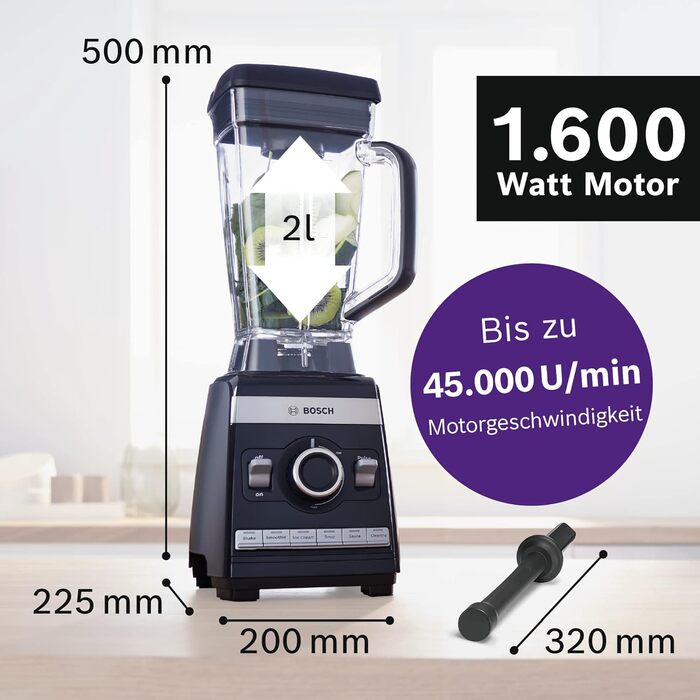 Bosch Stand Mixer VitaBoost MMBH6P6BDE, 6-Blade Stainless Steel Blades, 2.5L Tritan Mixing Container, Pusher, 6 Automatic Programs, Recipe Book, BPA-Free, Easy Cleaning, 45,000 RPM, 1600 W, Black