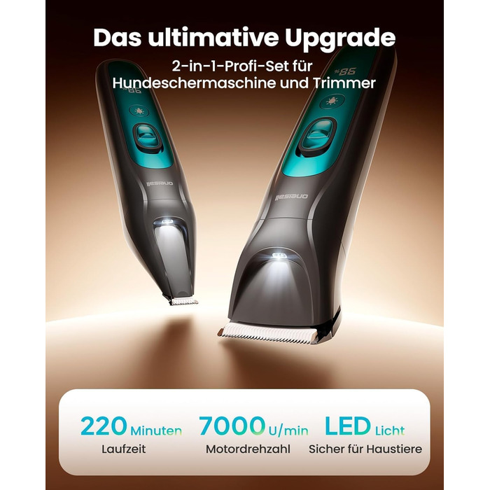 Машинка для стрижки собак та котів oneisall 2-в-1 з тримером для подушок, LED-підсвічуванням, тиха, акумулятор 2000 mAh, для густого та кучерявого хутра, синього кольору