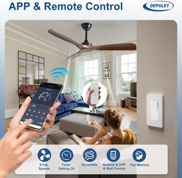 Стеляний вентилятор Depuley Leise з підсвічуванням для вулиці: LED лампа з вентилятором для саду, тераси - 132см, з керуванням через APP для вітальні, ресторану, офісу (Коричневий, 52'' без підсвічування)