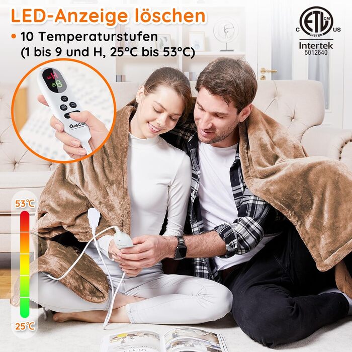 Електрична ковдра Mia&Coco з автовимкненням, 10 режимів нагріву, таймер до 9 годин, захист від перегріву, фланель, 200x180 см, бежева