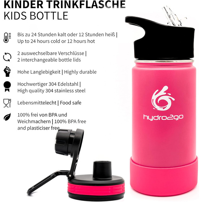 Stainless Steel Kids' Water Bottle - BPA-Free Thermos Flask with 2 Leak-Proof Caps (Straw & Sports) - 350ml (Pure Pink)