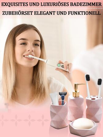 Набір для ванної кімнати 4 предмети, кераміка, рожевий: дозатор для мила, мильничка, стакан для зубних щіток, підставка для зубних щіток - декор для ванної