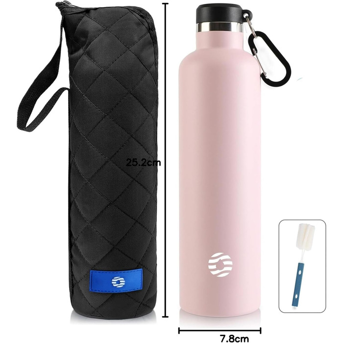 Фляга спортивна Feijian 1L з карабіном - термофляга з нержавіючої сталі, витримує напій з газом, без BPA, для туризму, спорту, школи, велосипеда, армійського кольору (Рожева, 750 мл)