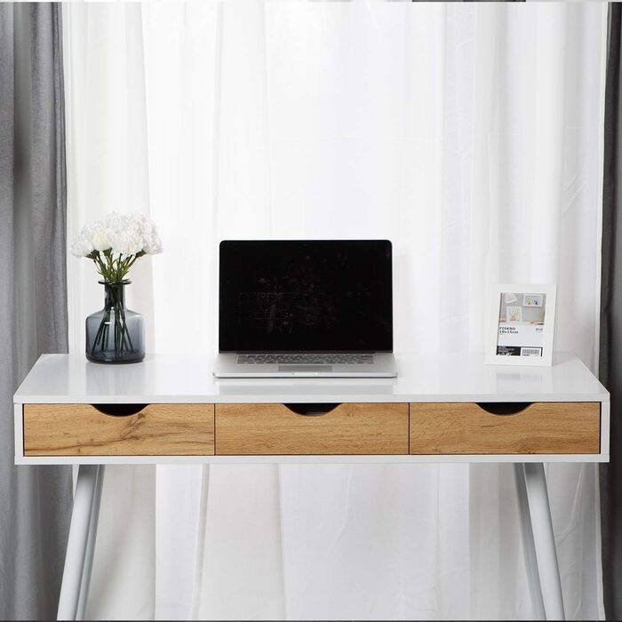 Soges Metal and E1 Wood Desk with 3 Drawers - 110x50x78cm White Office Writing Table for Storage