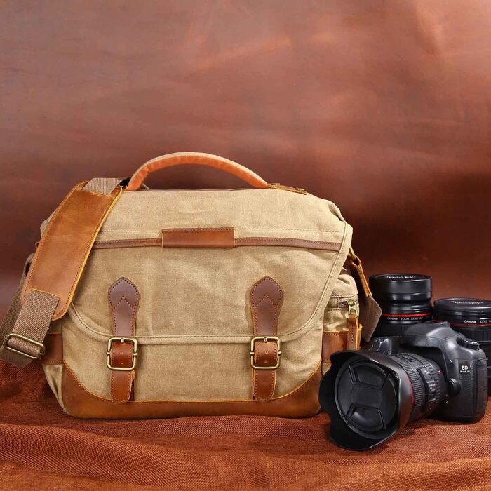Сумка для фотоапарата Neuleben водонепроникна для DSLR об'єктива, вінтажна, з canvas та шкіри, на плече (Хакі)
