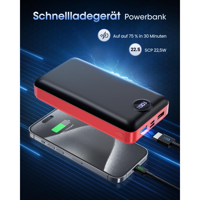 Power Bank 50000mAh з LED дисплеєм: Швидка зарядка 22.5W, 3 виходи USB-C, 2 входи, сумісний з iPhone, iPad, Android, червоний (XX-Large)