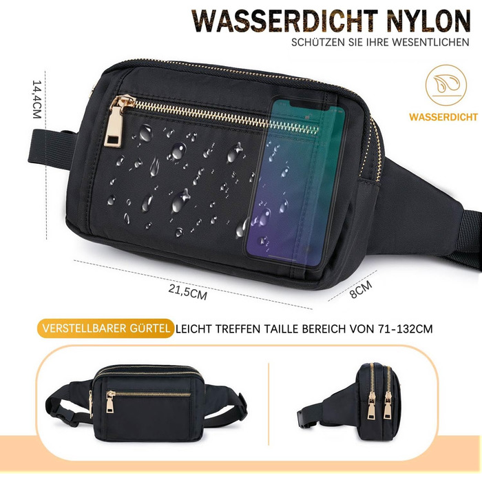 Чоловіча та жіноча поясна сумка Bauchtasche, стильна сумка на пояс для фестивалю, з регульованим ремінком та кількома кишенями, чорна. Підходить для бігу, спорту, прогулянок з собакою.