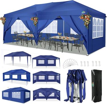 COBIZI Pop-up Pavilion 3x3, Folding Pavilion 3x3 Waterproof, Stable, Winter-proof |8x Pegs|4x Wind Rope|UV Protection 50+|High-Density Tarpaulin| Pavilion Foldable 3x3m Party Tent Folding Pavilion 3x3 Garden Pavilion (Navy Blue, 3x6m with 6 Side Walls)