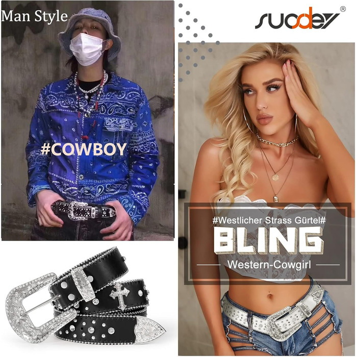 Чоловічий/Жіночий шкіряний ремінь SUOSDEY з стразами, декоративним хрестом, стиль ковбойський/вестерн, ширина 3.8 см, колір чорний/білий, довжина 115 см, підходить для талії 84-98 см