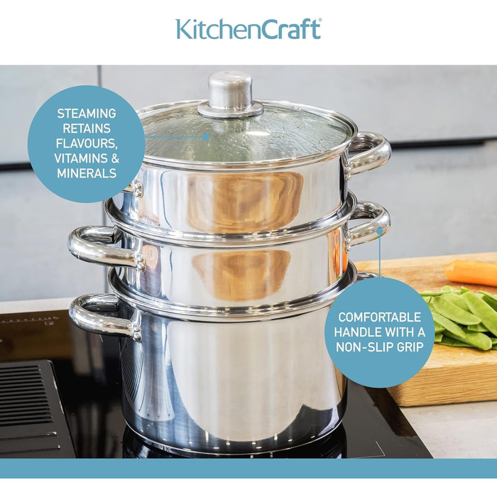 Набір з 3 каструль KitchenCraft з пароваркою, 3-рівневий, з нержавіючої сталі, для індукції, 22 см, сріблястий, у подарунковій коробці