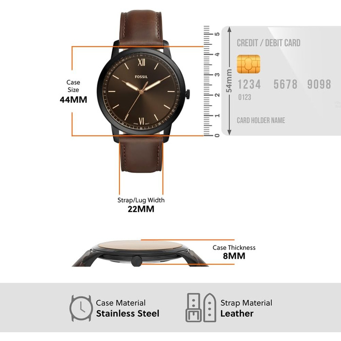 Годинник Fossil для чоловіків The Minimalist 3H, кварцовий механізм, 44 мм, корпус зі срібної нержавіючої сталі, шкіряний ремінь, FS5439 (Dunkelbraun)