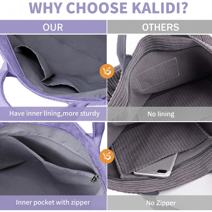Сумка жіноча KALIDI Cord Shopper повсякденна через плече для школи, роботи, покупок (фіолетова)