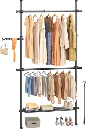 SONGMICS Telescopic Rod Clothes Rack, 3-Tier Wardrobe, Height and Width Adjustable, Open Closet with 2 Clothes Rods and Removable Shelf, Gripper Arm, Matte Black HSR136B01