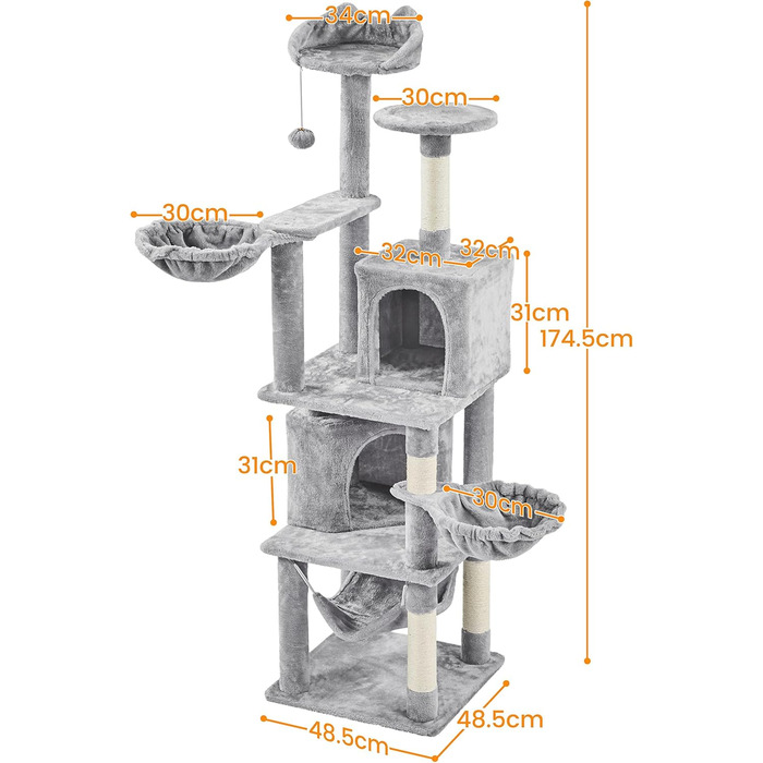 Кігтеточка Yaheetech XXL для котів, 175 см, для 3-4 котів, стабільна, з сизалевими стовпчиками, платформами, гамаком, м'ячиком, сірий колір