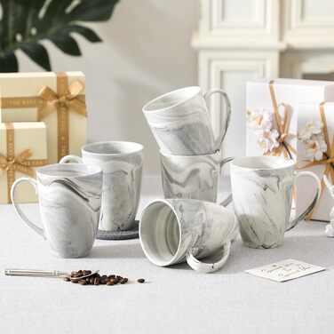 MALACASA Coffee Mug Set of 6, 560ML Porcelain Cups, Large Modern Coffee Mugs with Handles for Tea, Juice, Latte, Cappuccino, Hot Chocolate. Dishwasher and Microwave Safe, REG Marble Gray Series