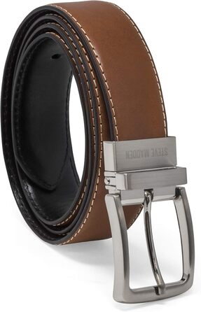Чоловічий шкіряний ремінь Steve Madden - чорний/коричневий (сріблястий) - 34, Cognac/Schwarz (з пером)