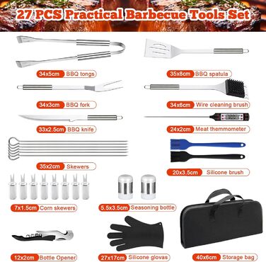 Набір аксесуарів для гриля NXPZ з нержавіючої сталі, 27 предметів. Професійний набір для гриля, з сумкою для зберігання. Для кемпінгу, пікніків, саду та походів.