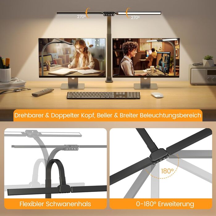 SIBRILLE Dual-Head LED Desk Lamp - Dimmable, Adjustable, RGB, Eye Protection for Office & Home