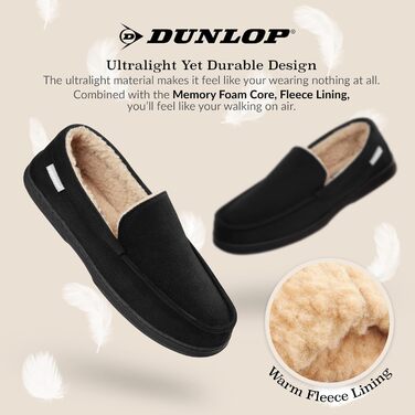Чоловічі домашні тапочки-мокасини Dunlop з піною Memory Foam та флісовою підкладкою, антиковзкі, розмір 41-46 (43 EU), чорні