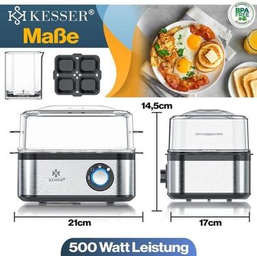 Електричний яйцеварка KESSER® на 1-8 яєць з нержавіючої сталі, 500W, функція підігріву, LED-регулятор, 3 ступені нагріву, BPA-Free, придатний для миття в посудомийній машині, мірна склянка, утримувачі для яєць та форма для омлету, срібно-чорний/срібний