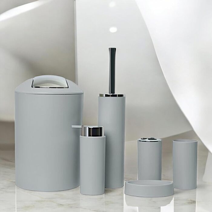 Комплект аксесуарів для ванної кімнати 6tlg Badset: органайзер, мильниця, стакан для зубних щіток, відро для косметики, щітка для унітазу з тримачем, мильниця, сміттєвий бачок, тримач для зубних щіток (Сірий, дизайн 2a)