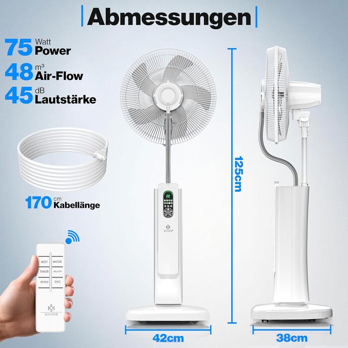 Настільний вентилятор KESSER Frosty з водяним охолодженням та ультразвуковим зволожувачем, з пультом ДУ та таймером, білий