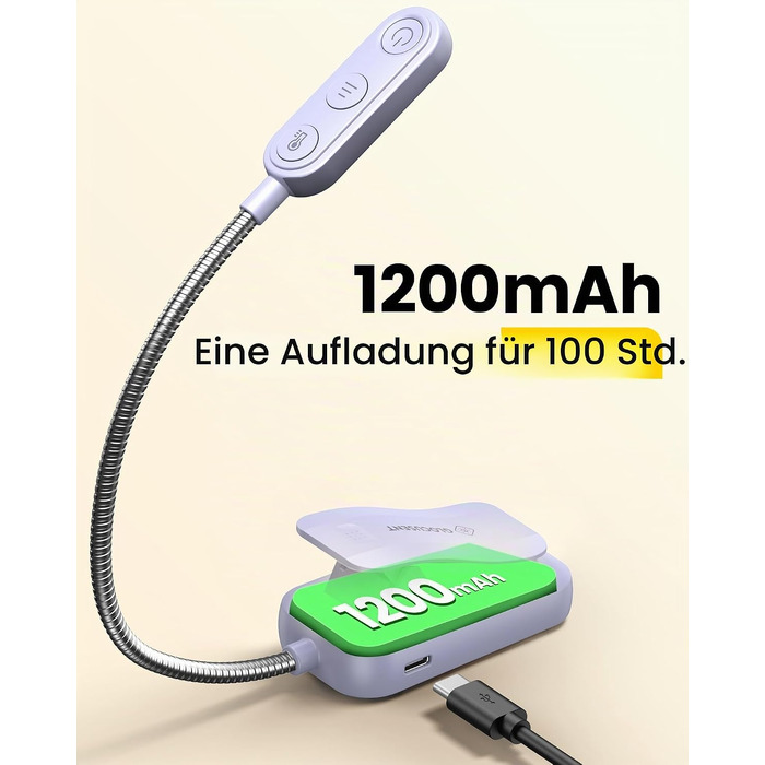 Світлодіодна лампа для читання Glocusent з прищіпкою, 20 LED, USB-аккумулятор, 5 режимів кольорової температури та регулювання яскравості, гнучка на 360°, лавандова