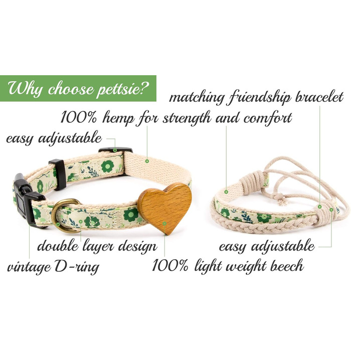 Нашийник для собак Pettsie з серцем та браслетом дружби, регульовані розміри S та M, комфортний дизайнерський льон, міцний та довговічний, чудовий подарунок для любителів собак (35,6 - 50,8 см (M), Зелений)