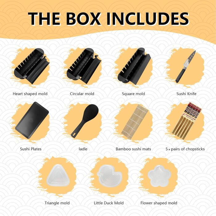 Набір для приготування суші Ninger Sushi Maker Set Deluxe Edition: 20 предметів для початківців з роликом, формами для ролів, ножем та палочками – повний комплект (чорний)