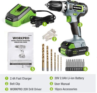 WORKPRO Акумуляторний шуруповерт 18V/20V з 16 насадками, крутним моментом 25NM та регульованою швидкістю, LED-підсвічуванням, 2-ма режимами обертання, акумулятором 2.0Ah Li-Ion та швидким зарядним пристроєм