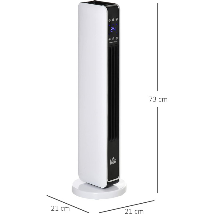 Електричний обігрівач HOMCOM 2200W – керамічний нагрівальний тумба з пультом, таймером та осциляцією, білий+чорний, 21 x 21 x 73 см