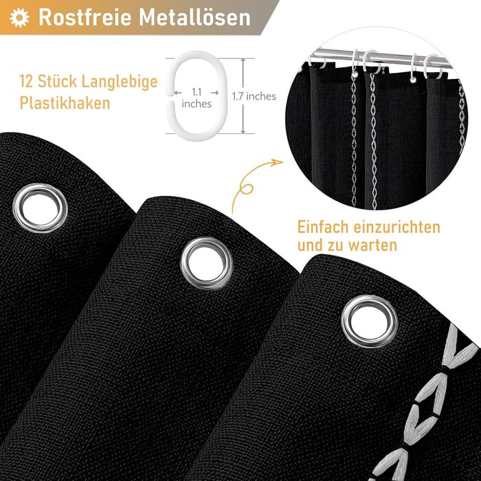 Шторка для душу BTTN 182 x 200 см, бохо-фермерський стиль, важка тканина, смугастий дизайн, бахрома, водовідштовхувальна, з вантажами, 12 гачків, чорно-біла, H200 x B180 см